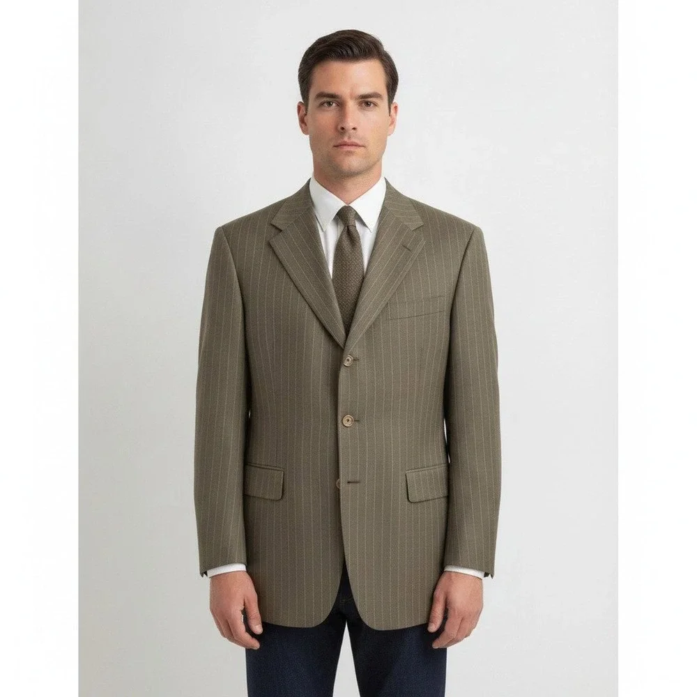 H. Freeman & Son Blazer Men44R Olive Pinstripe Custom Tailored Culwell & Son USA